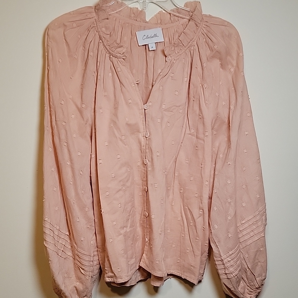 Cleobella Orange V-Neck Blouse with Long Puff Sleeves and Ruffled Details
